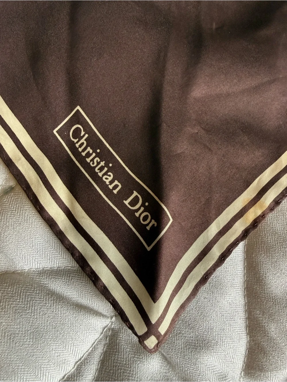 Christian Dior Brown Silk Scarf/Handkerchief Cream Striped Trim -